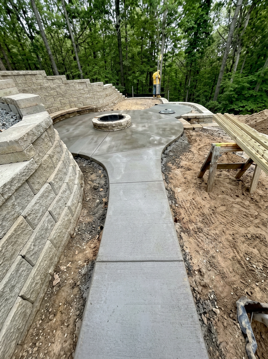 Hardscape walkway with retaining walls
