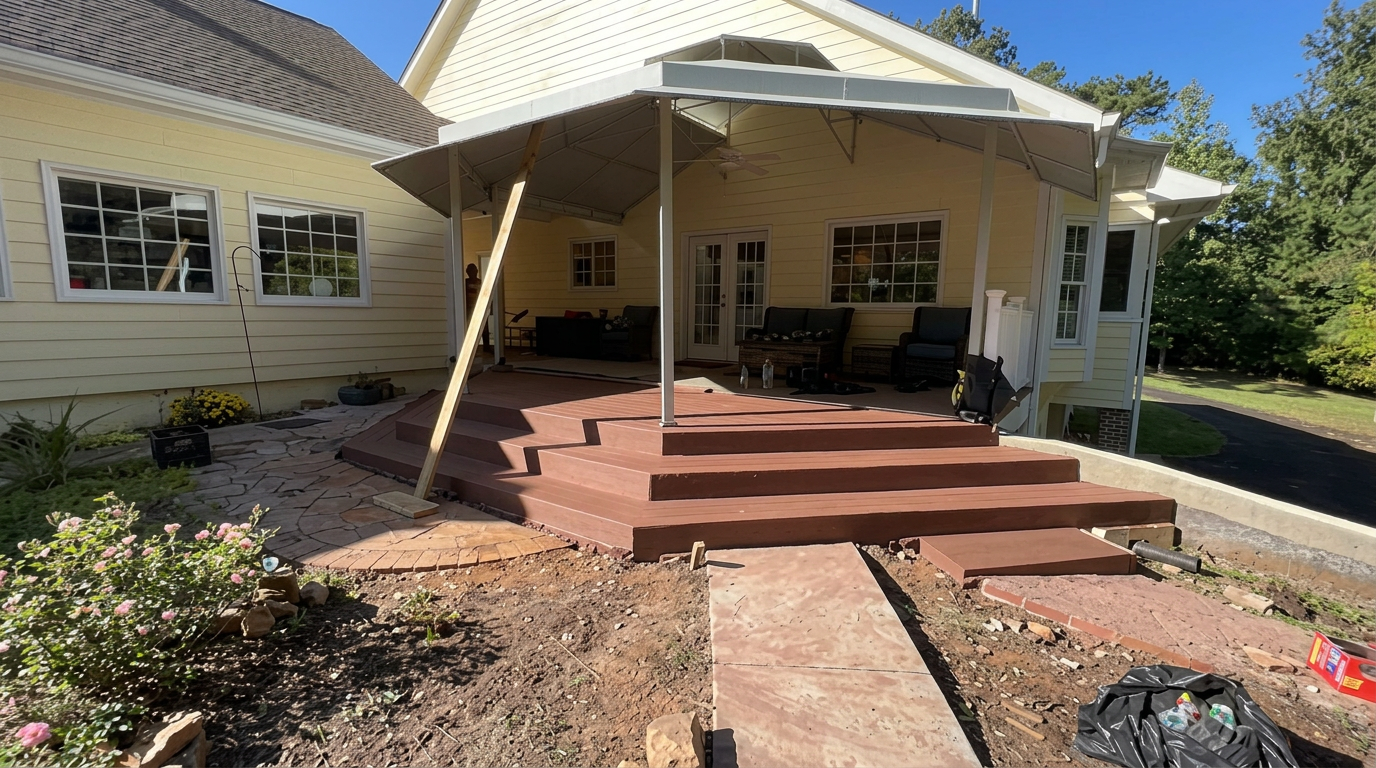 Covered patio with wood steps